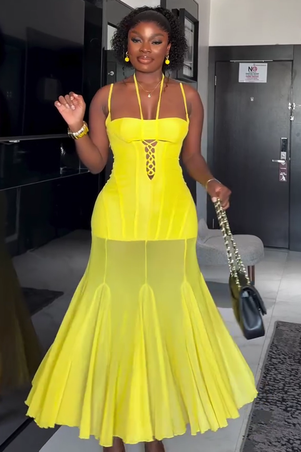Cami Halter Lace-Up Godet Mesh Hem Party Maxi Dresses-Yellow [Pre Order]