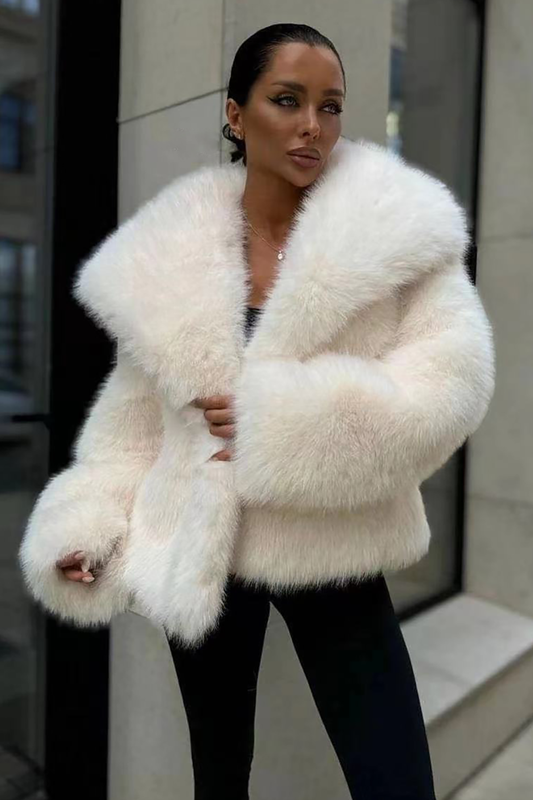 Oversize Turndown Collar Faux Fur Long Sleeve Fuzzy Coat-OffWhite