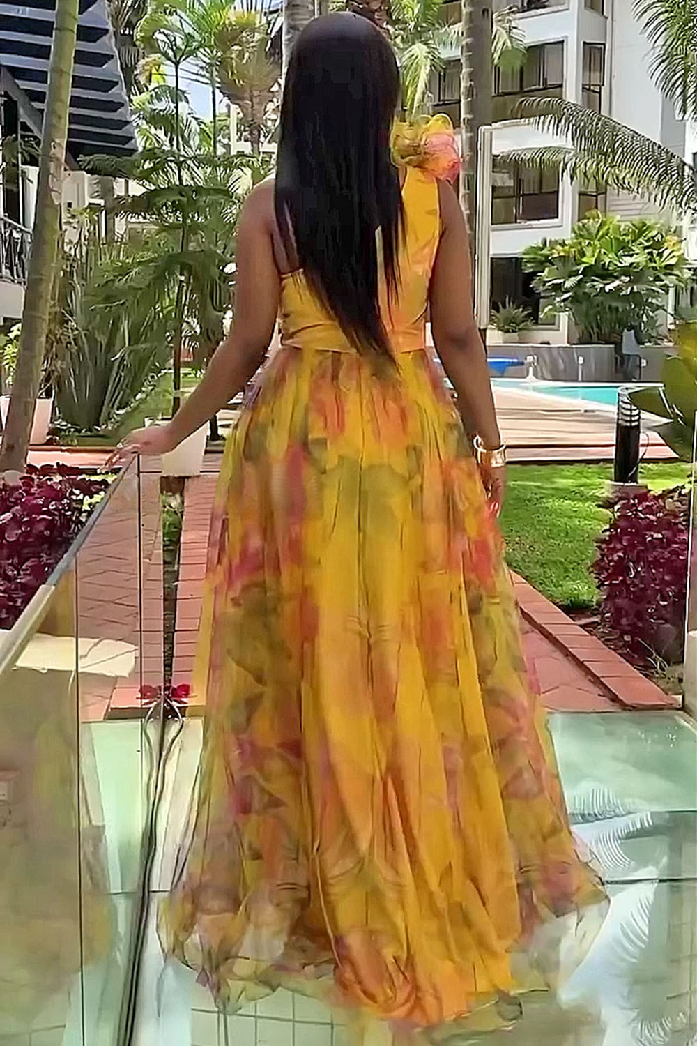One Shoulder Rosette Floral Print Mesh Party Maxi Dresses-Fuchsia [Pre Order]