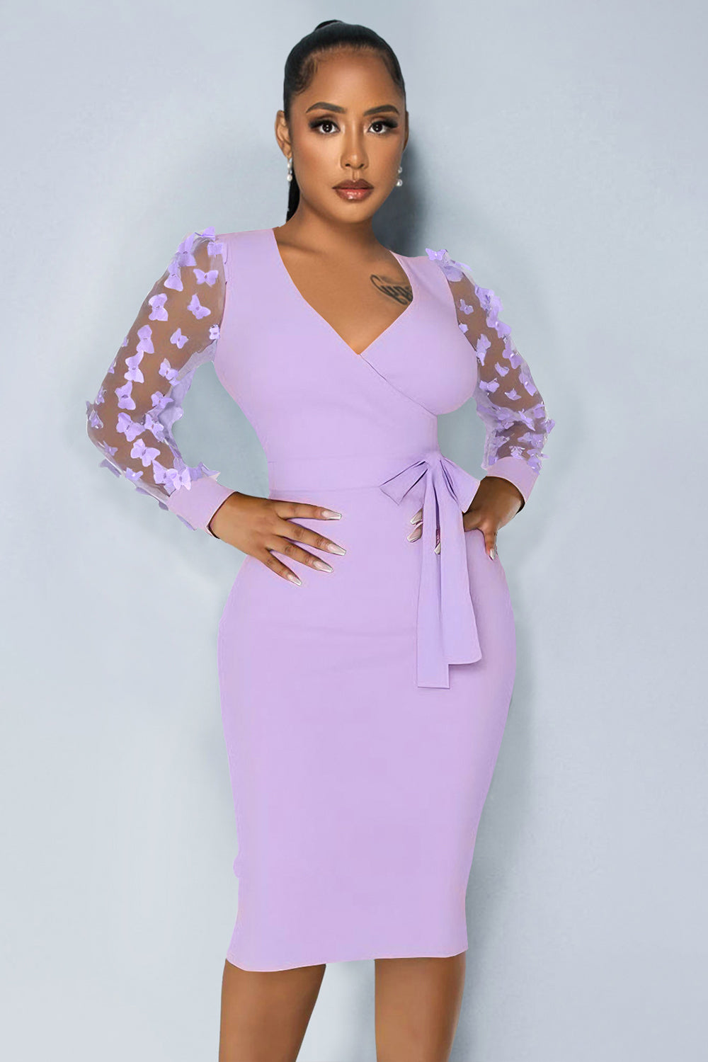 Butterflies Decor Mesh Long Sleeve V Neck Tie Up Bodycon Midi Dresses-White