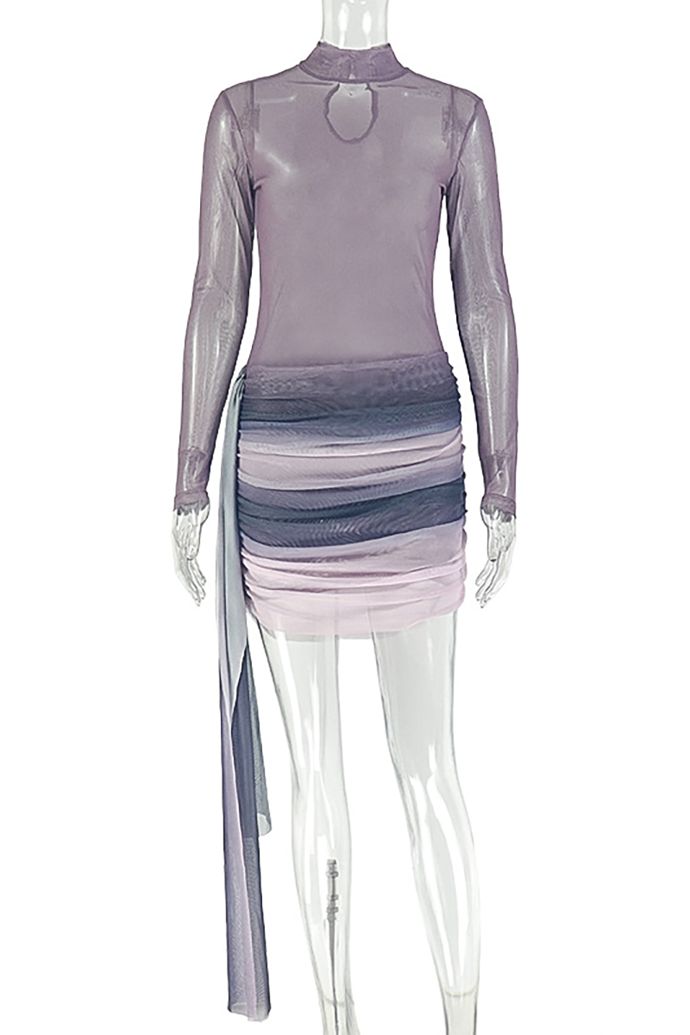 Gradient Color Semi-Sheer Ruched Bodycon Side Sash Mini Dresses-LightPurple