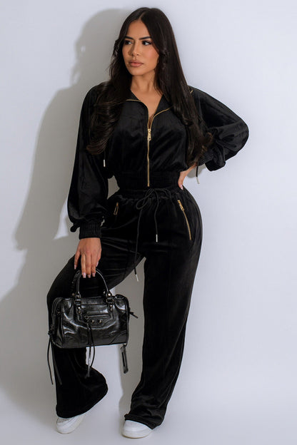 Velvet Turndown Collar Crop Track Jacket Solid Color Pants 2pcs Set-Green