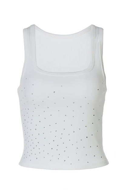 Square Neck Hot Drilling Knit Slim Fit Sleeveless Crop Top-White