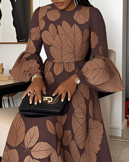 Women Fashion Elegant Formal Round Neck 3/4 Sleeves Leaf Pattern Maxi Dress