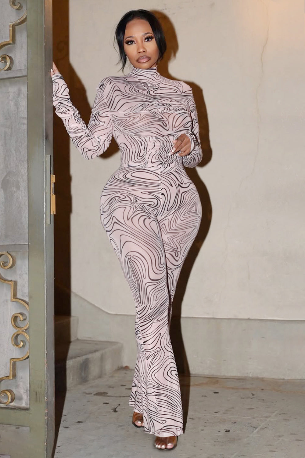 Mock Neck Long Sleeve Swirl Print Party Jumpsuit-LightPink [Pre Order]