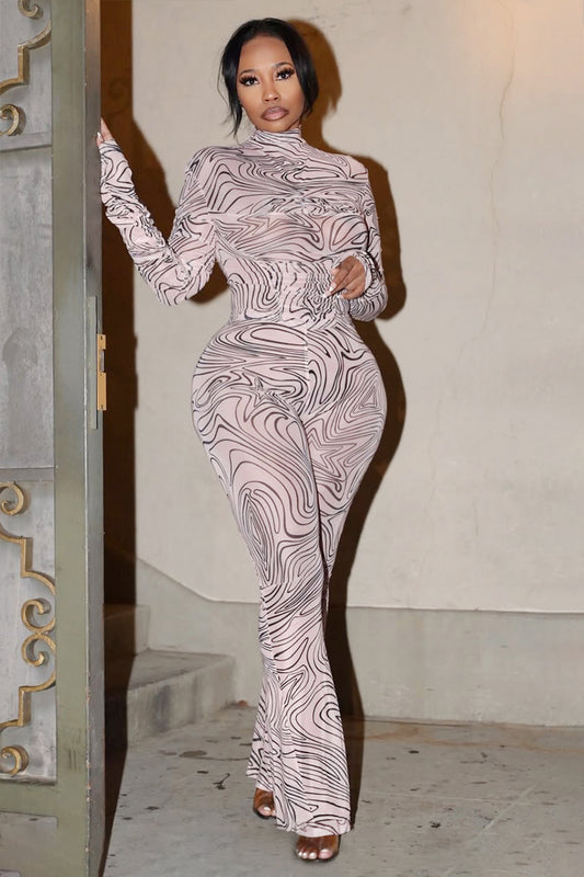 Mock Neck Long Sleeve Swirl Print Party Jumpsuit-LightPink [Pre Order]