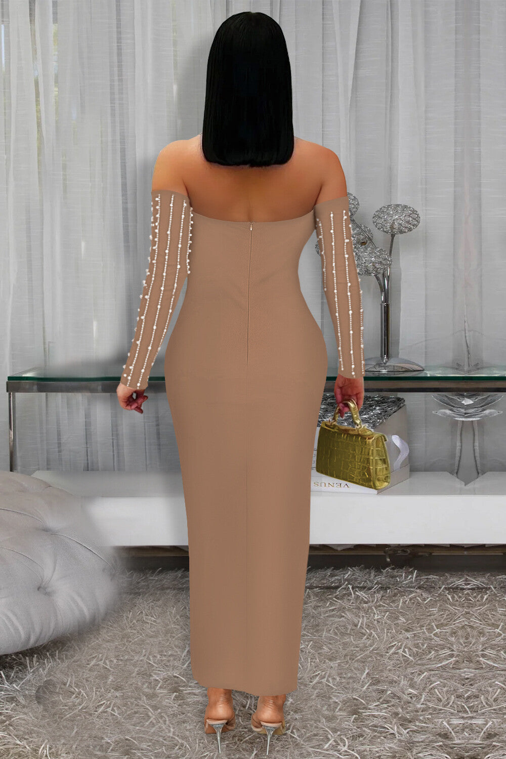 Off Shoulder Long Sleeve Faux Pearls Hot Drilling Party Maxi Dresses-Black