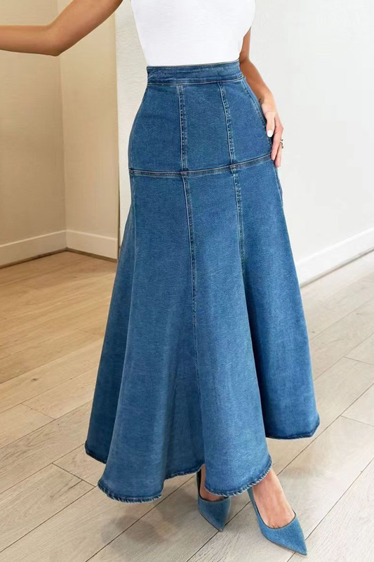 Denim High Waist Fishtail Hem Maxi Skirt-Blue