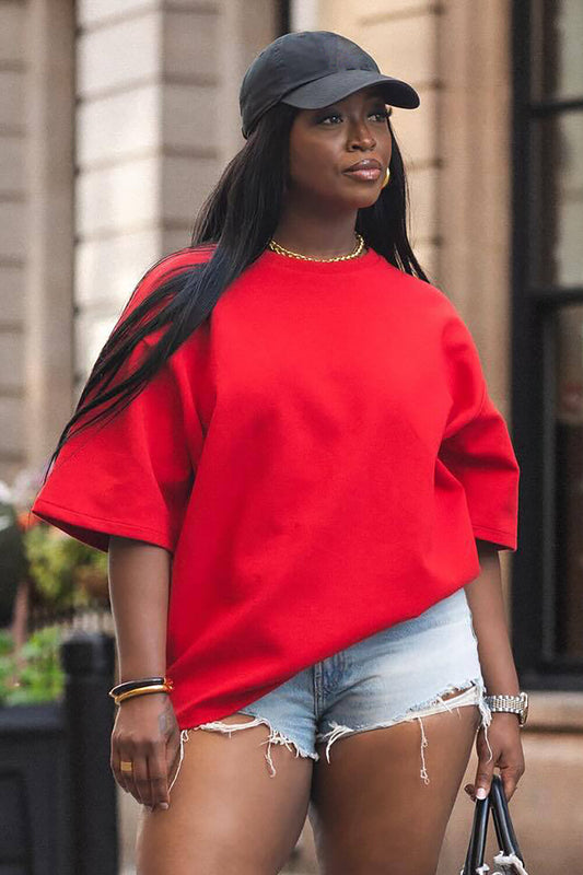 Solid Color Half Sleeve Round Neck Loose-Fitting Casual T-shirt-Red