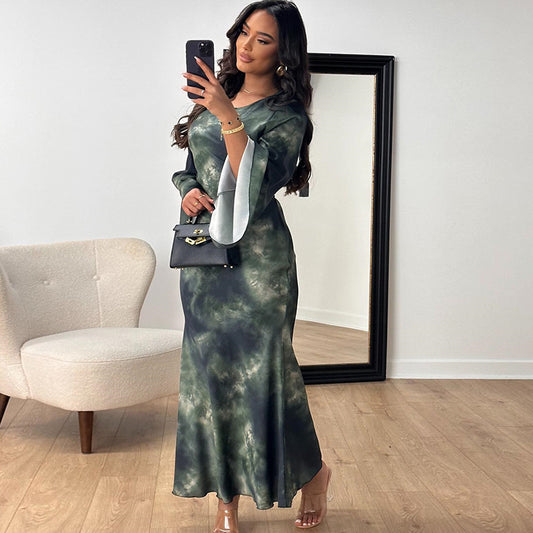 round Neck Dress Printed Bell Sleeve Slim Fit Pullover Street Mid-Rise Fishtail Dress