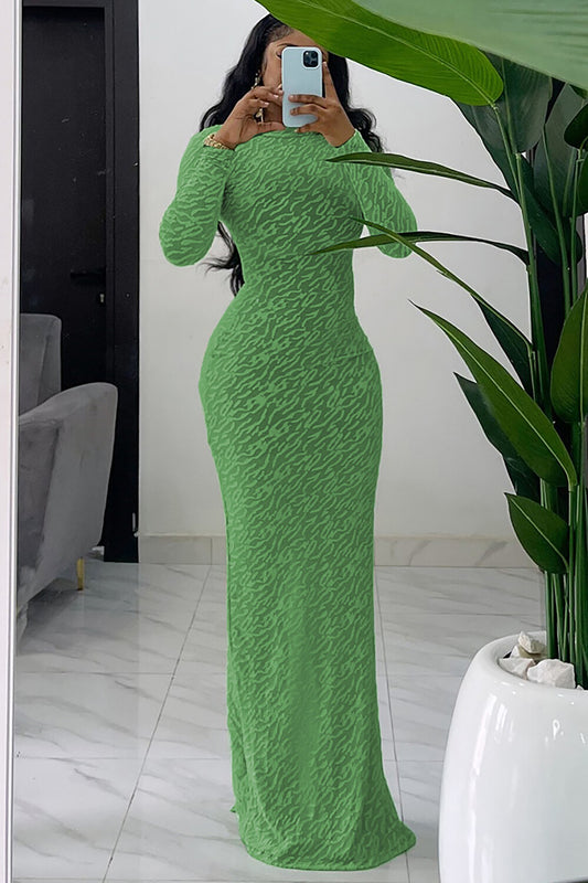 Textured Pattern Solid Color Long Sleeve Bodycon Maxi Dresses-Green