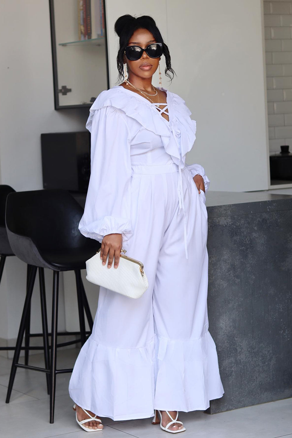 Ruffle Lace Up Blouse Wide Leg Pants Casual 2pcs Set-White [Pre Order]