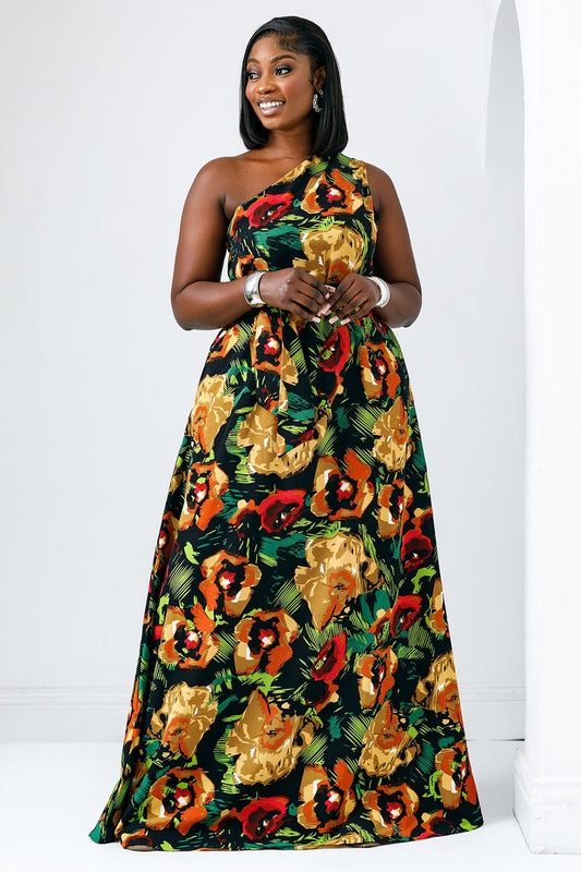 One Shoulder Sleeveless Floral Print Party Maxi Dresses-Black [Pre Order]