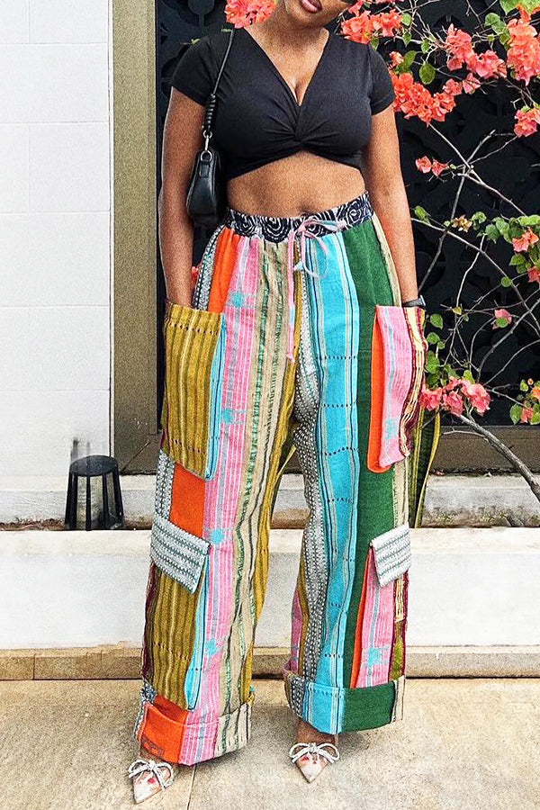 Print Patched Pocket Drawstring Waist Pants