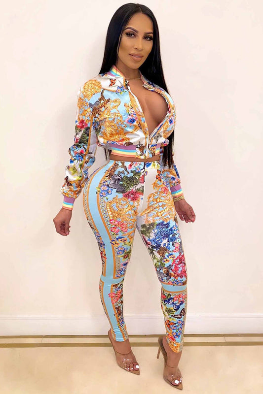 Floral Print Crop Jacket Slim Fit Pants Matching Set-Blue