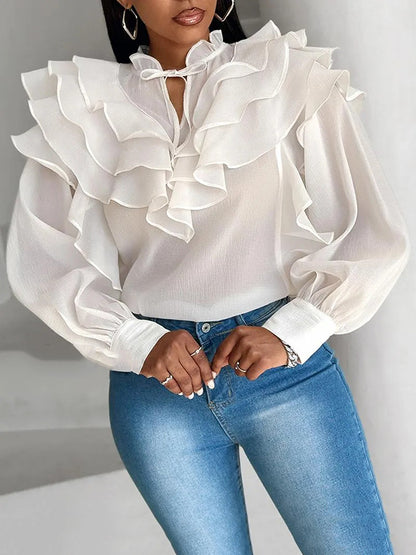Loose Puff Sleeves Floral Gauze Lace-Up Pleated See-Through Solid Color Stand Collar Blouses