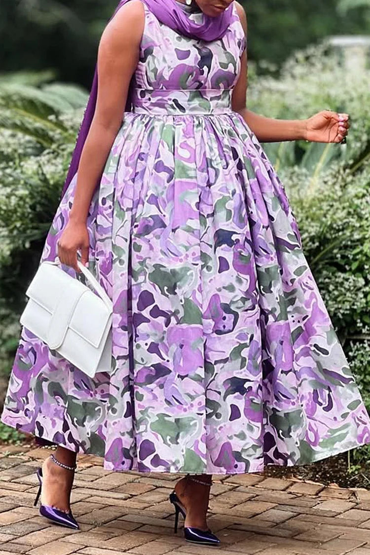 Plus Size Formal Purple Elegant All Over Print Boat Neck Pocket Satin Maxi Dresses [Pre-Order]