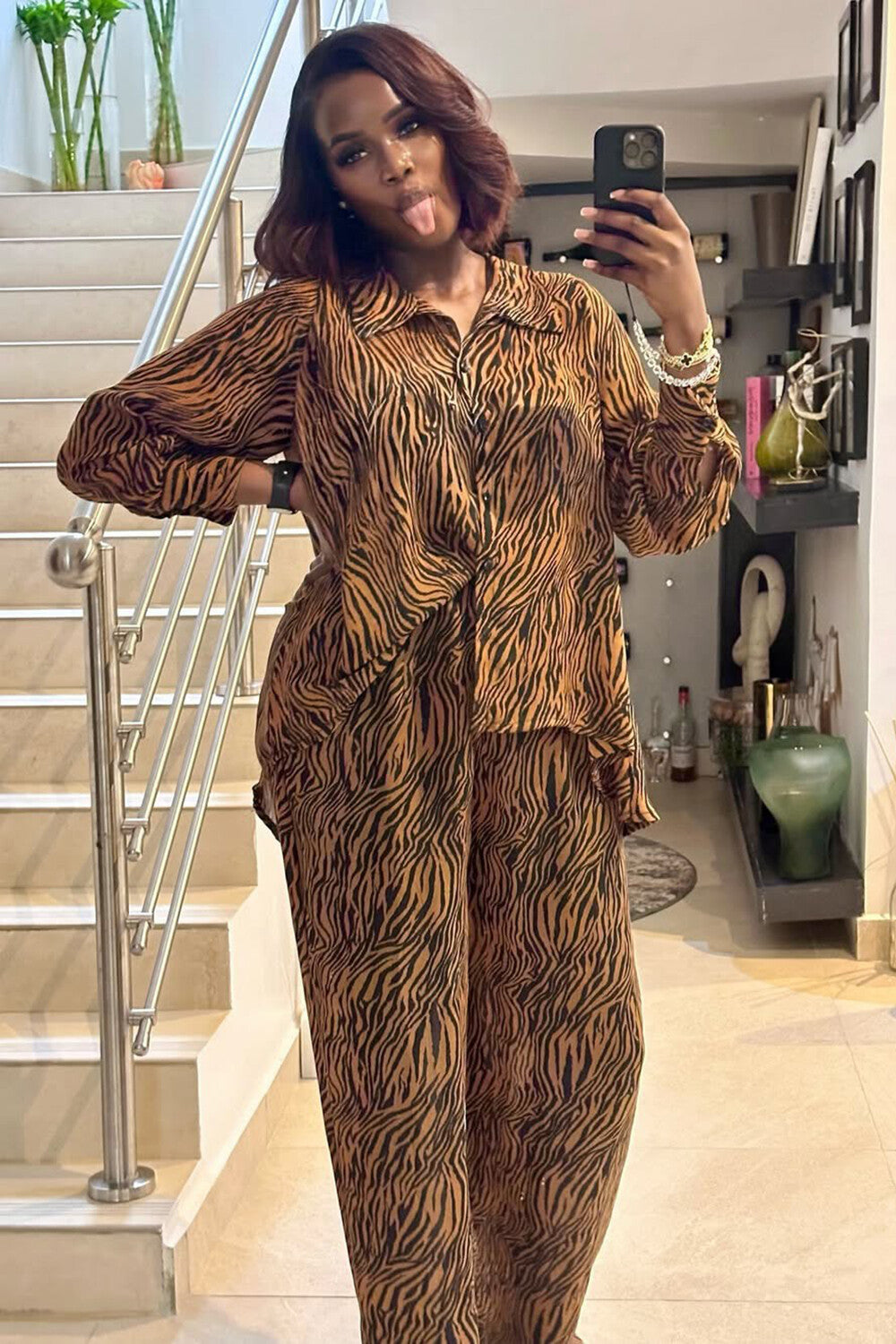 Zebra Pattern Long Sleeve Blouse Wide Leg Pants Matching Set-Brown
