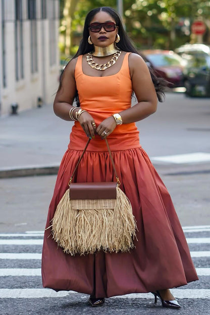 Sleeveless Dropped Waist Ombre Party Bubble Maxi Dresses-Orange [Pre Order]