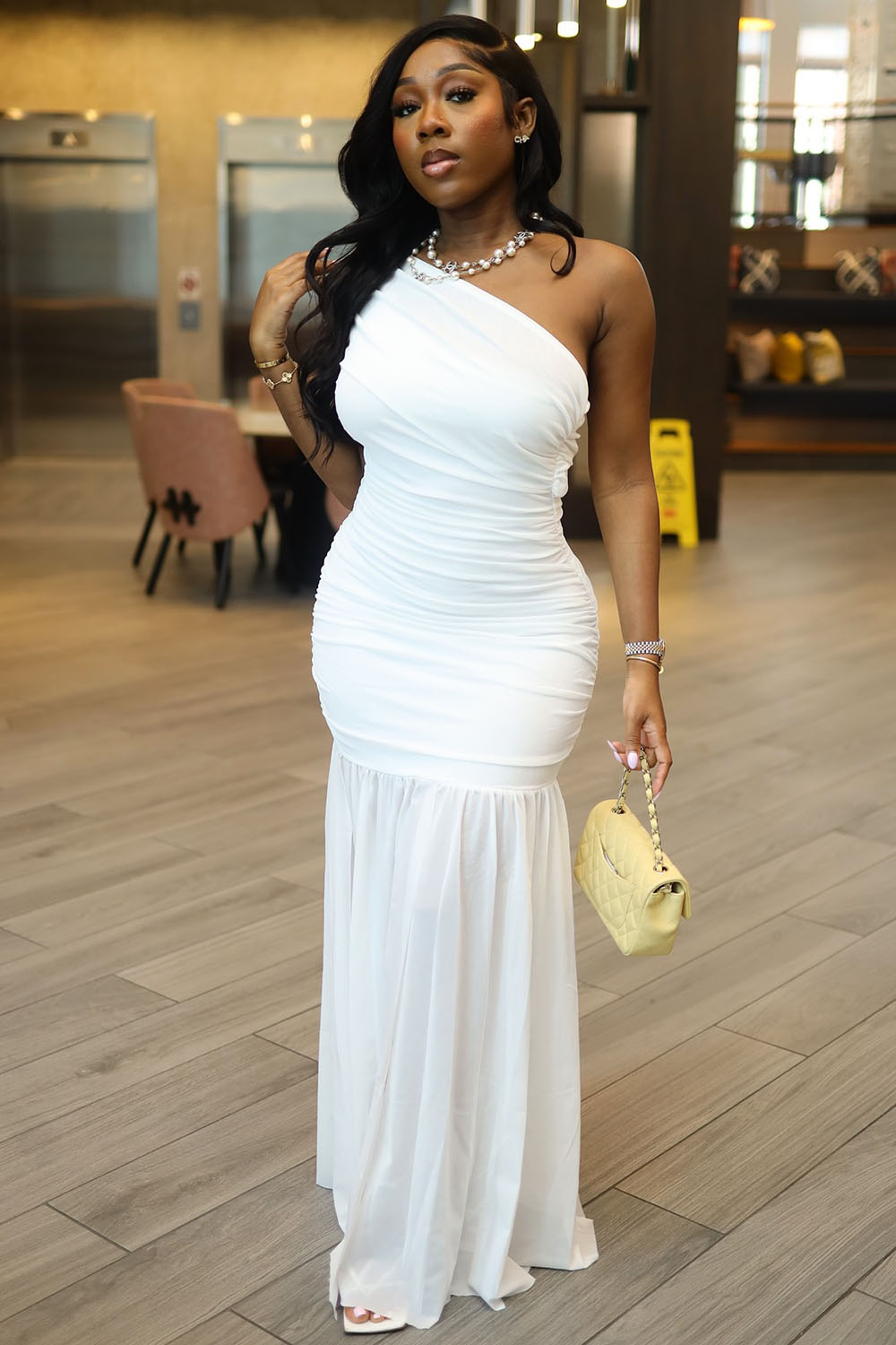 Wrinkle One Shoulder Sleeveless Party Maxi Fishtail Dresses-White [Pre Order]