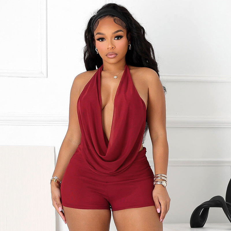 Women's Halter Swing Collar Bare Back Rope Top and Shorts Two-Piece Suit