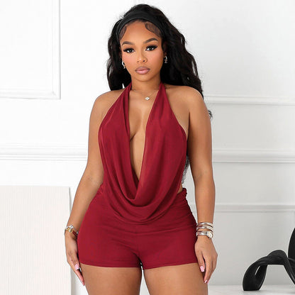 Women's Halter Swing Collar Bare Back Rope Top and Shorts Two-Piece Suit
