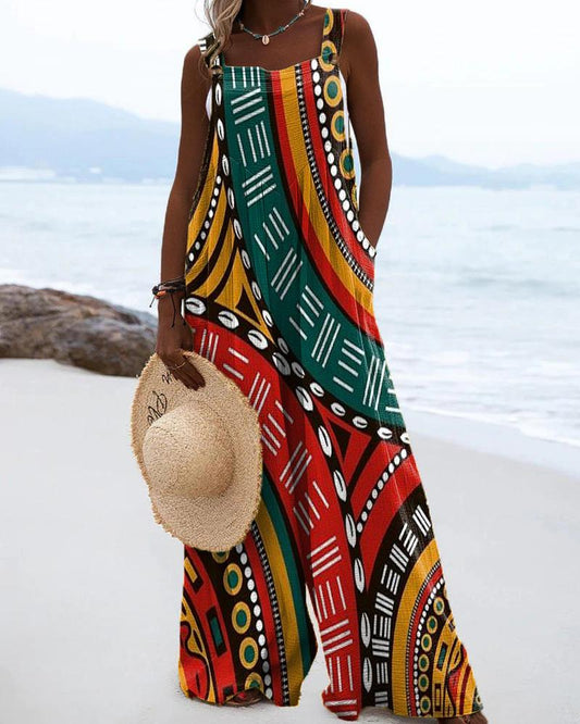 Ethnic Style Black Geometric Printed Jumpsuit