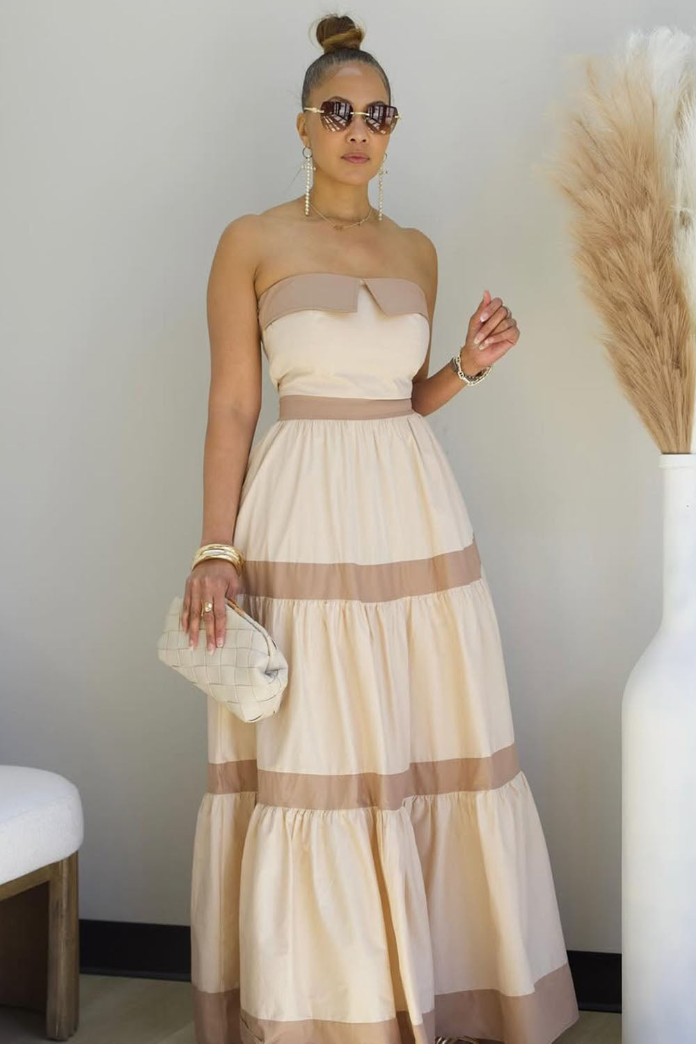 Strapless Colorblock Bandeau Tiered Party Maxi Dresses-Beige [Pre Order]