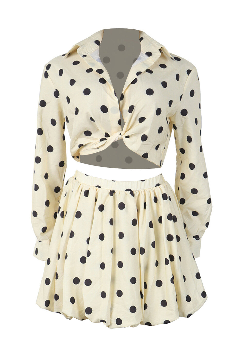 Polka Dot Print Long Sleeve Crop Blouse Bubbled Mini Skirt 2pcs Set-Yellow