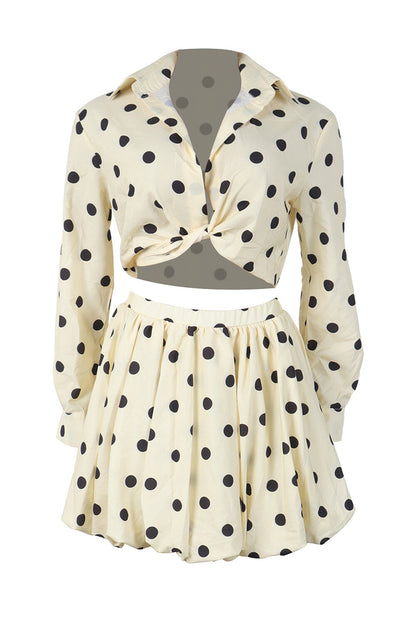 Polka Dot Print Long Sleeve Crop Blouse Bubbled Mini Skirt 2pcs Set-Yellow