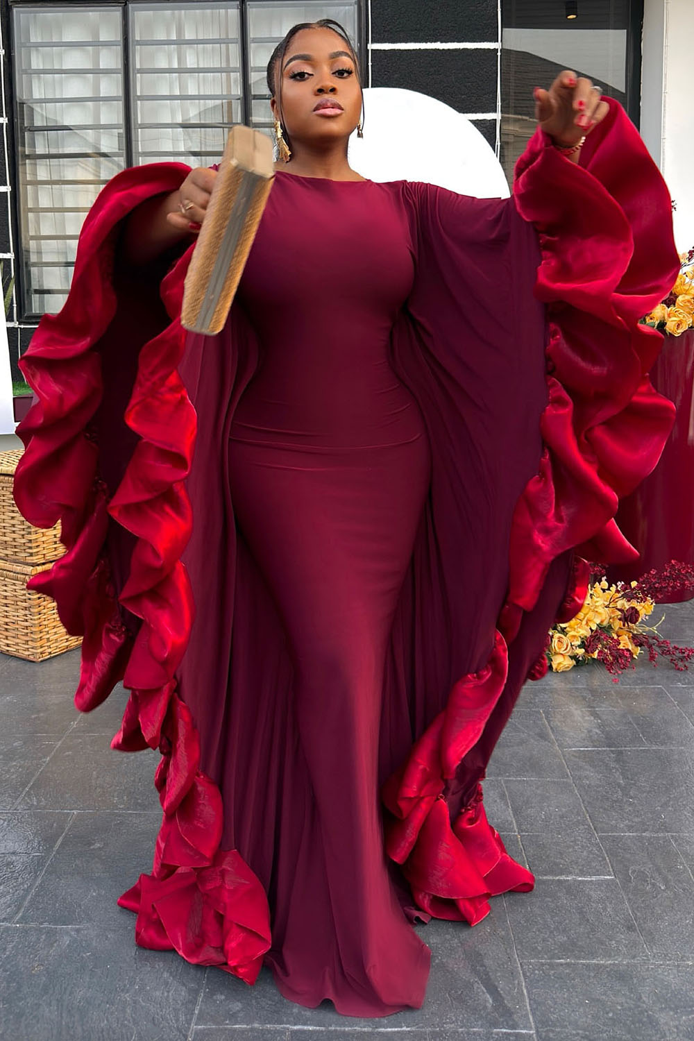 Bat-Wing Patchwork Ruffle Valentine's Party Maxi Dresses-Burgundy [Pre Order]