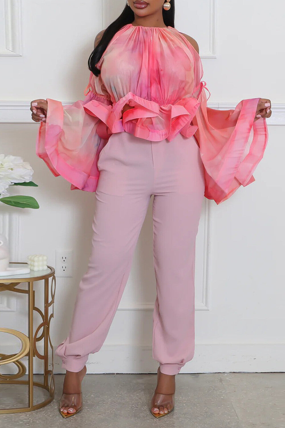 Cold Shoulder Round Neck Bell Sleeve Cinch Waist Ruffled Top-Pink