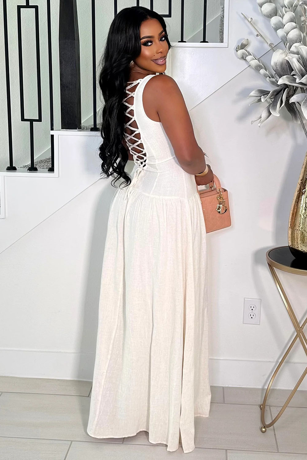 Lace-Up Back Button Up Drop Waist Sleeveless Maxi Dresses-White [Pre Order]
