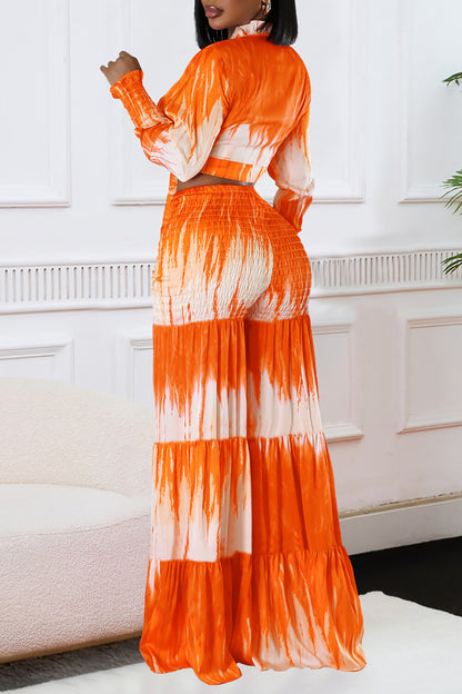 Tie Dye Print Long Sleeve Tie Up Blouse Wide Leg Pants 2pcs Set-Fuchsia