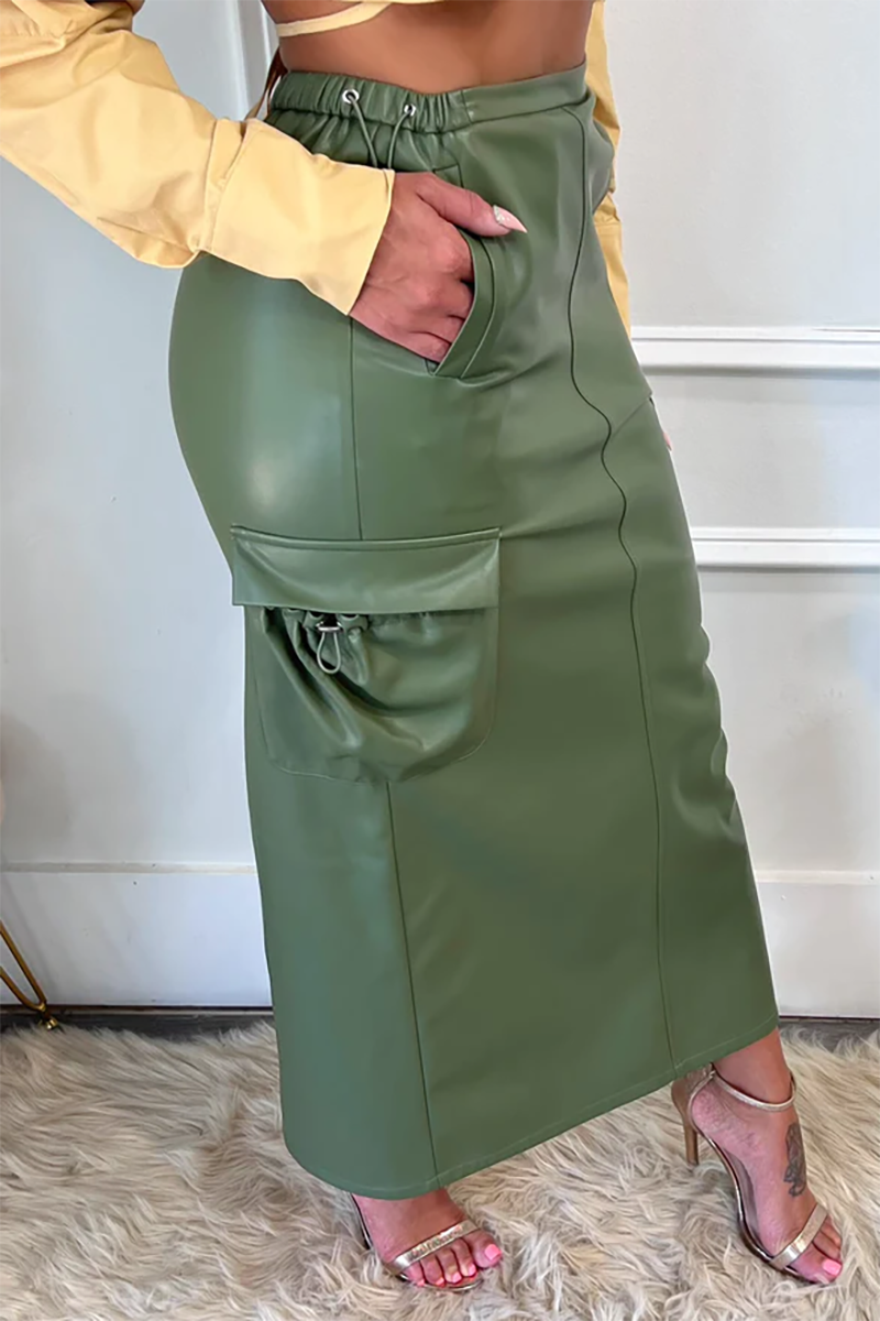 Elastic Waist Pockets PU Leather Midi Skirt-Green