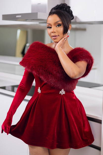 Off Shoulder Fuzzy Wrapped Rhinestone Pleated Party Velvet Mini Dresses-Red