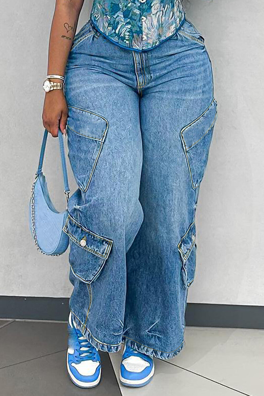 Oversize Pockets Denim High Waist Straight Leg Casual Jeans-Blue