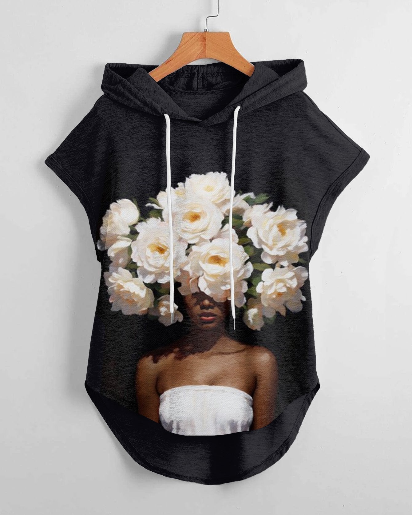 Black Women Floral Art High Low Hem Drawstring Hooded Tee