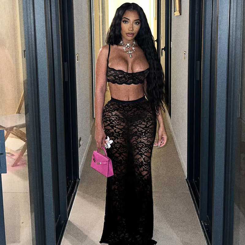 Sexy Cutout Sling Top Solid Color High Waist Skirt Lace Two Piece Suit