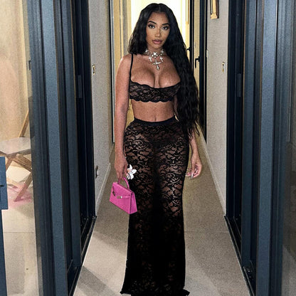 Sexy Cutout Sling Top Solid Color High Waist Skirt Lace Two Piece Suit