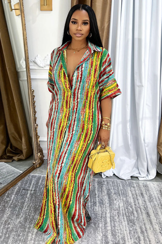 Boho Print Loose-Fit Vacation Maxi Shirt Dresses-Multicolor [Pre Order]
