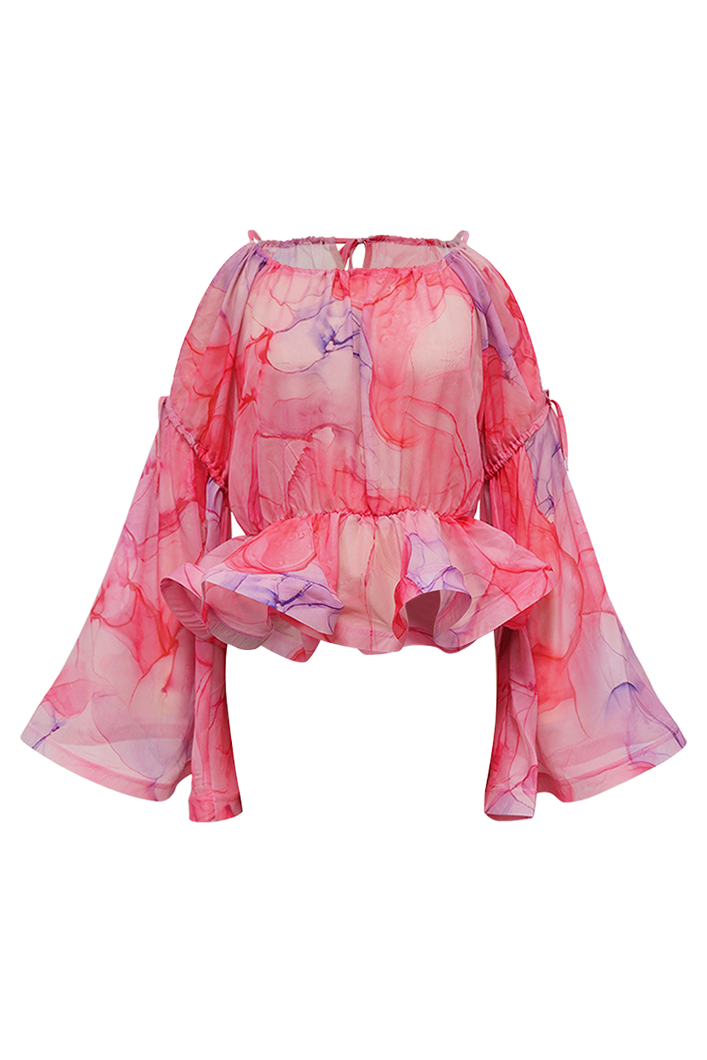Cold Shoulder Round Neck Bell Sleeve Cinch Waist Ruffled Top-Pink