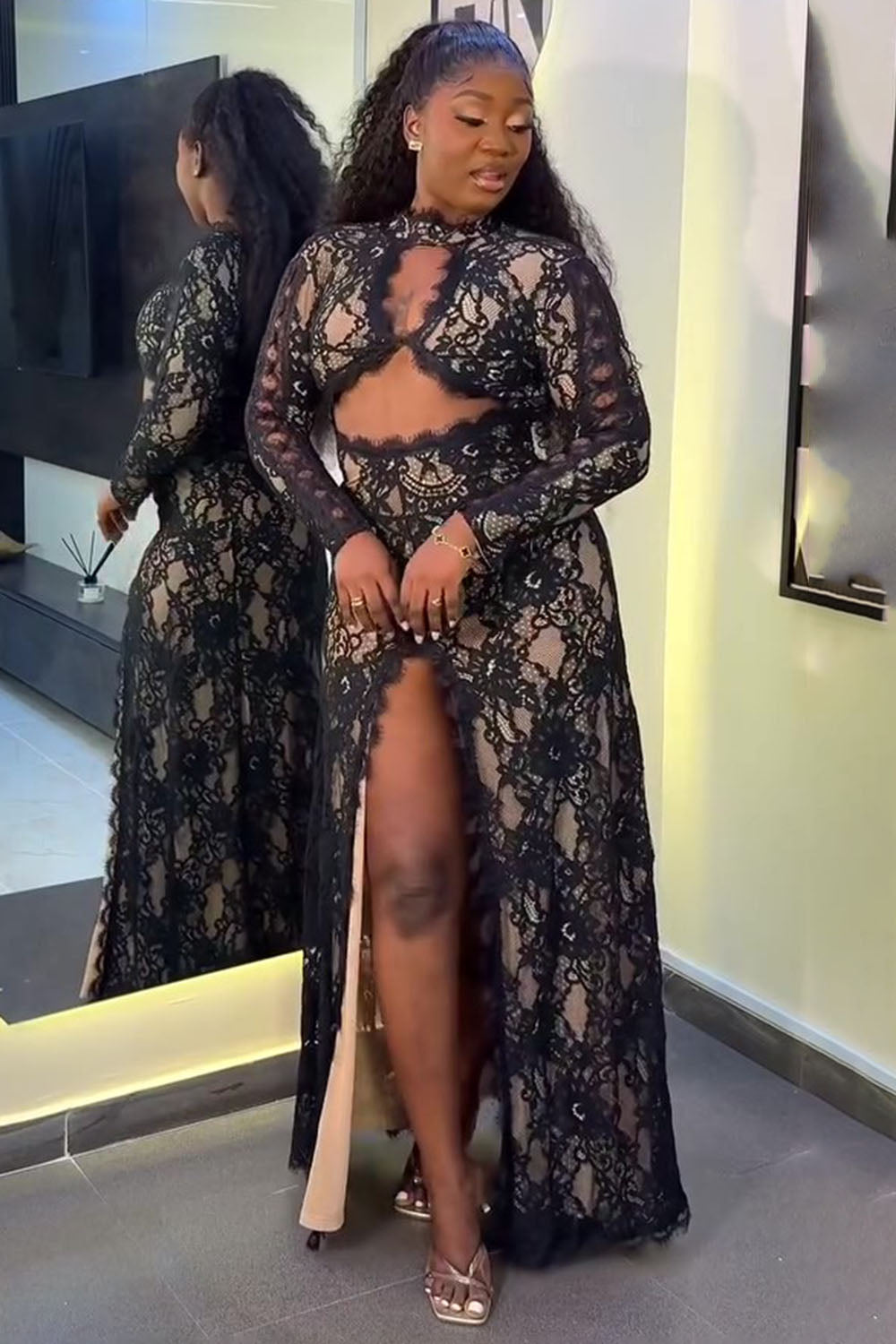 Long Sleeve Cutout Open Back Slit Lace Party Maxi Dresses-Black [Pre Order]