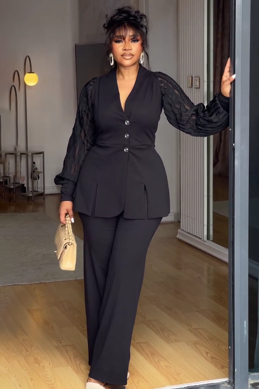 Guipure Lace Sleeve Button Up Top Dress Pants 2pcs Set-Black [Pre Order]