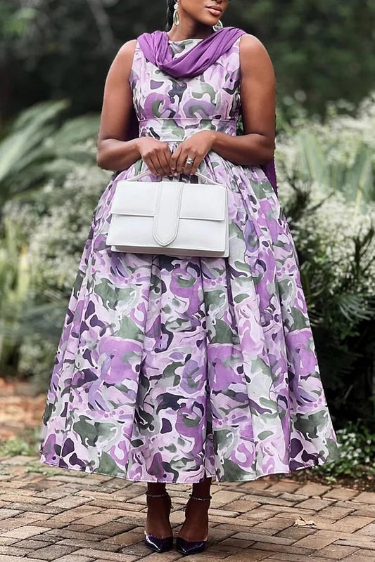 Plus Size Formal Purple Elegant All Over Print Boat Neck Pocket Satin Maxi Dresses [Pre-Order]