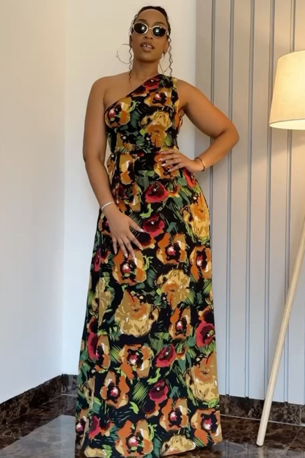One Shoulder Sleeveless Floral Print Party Maxi Dresses-Black [Pre Order]