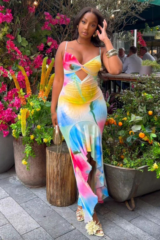 Floral Print Cutout Bodycon Ruffled Slit Strappy Maxi Dresses-Yellow