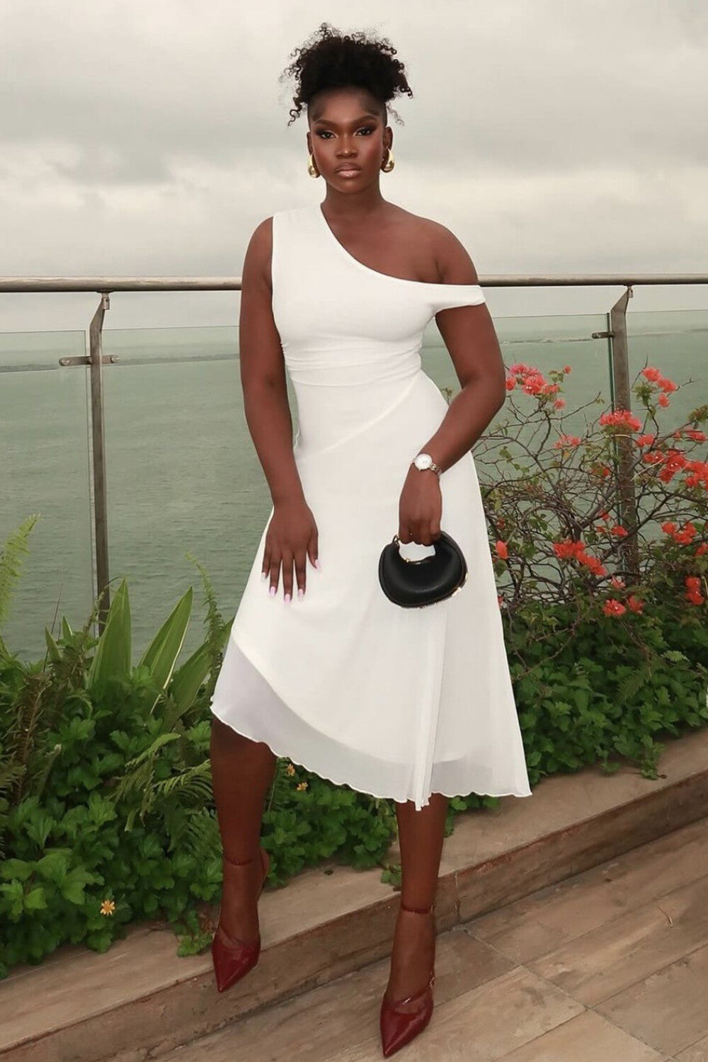 Skew Neck Asymmetrical Straps Cinch Waist Irregular Midi Dresses-White