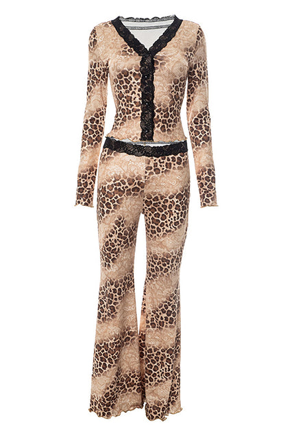Lace Trim Leopard Print Long Sleeve Top Flared Pants Matching Set-Brown
