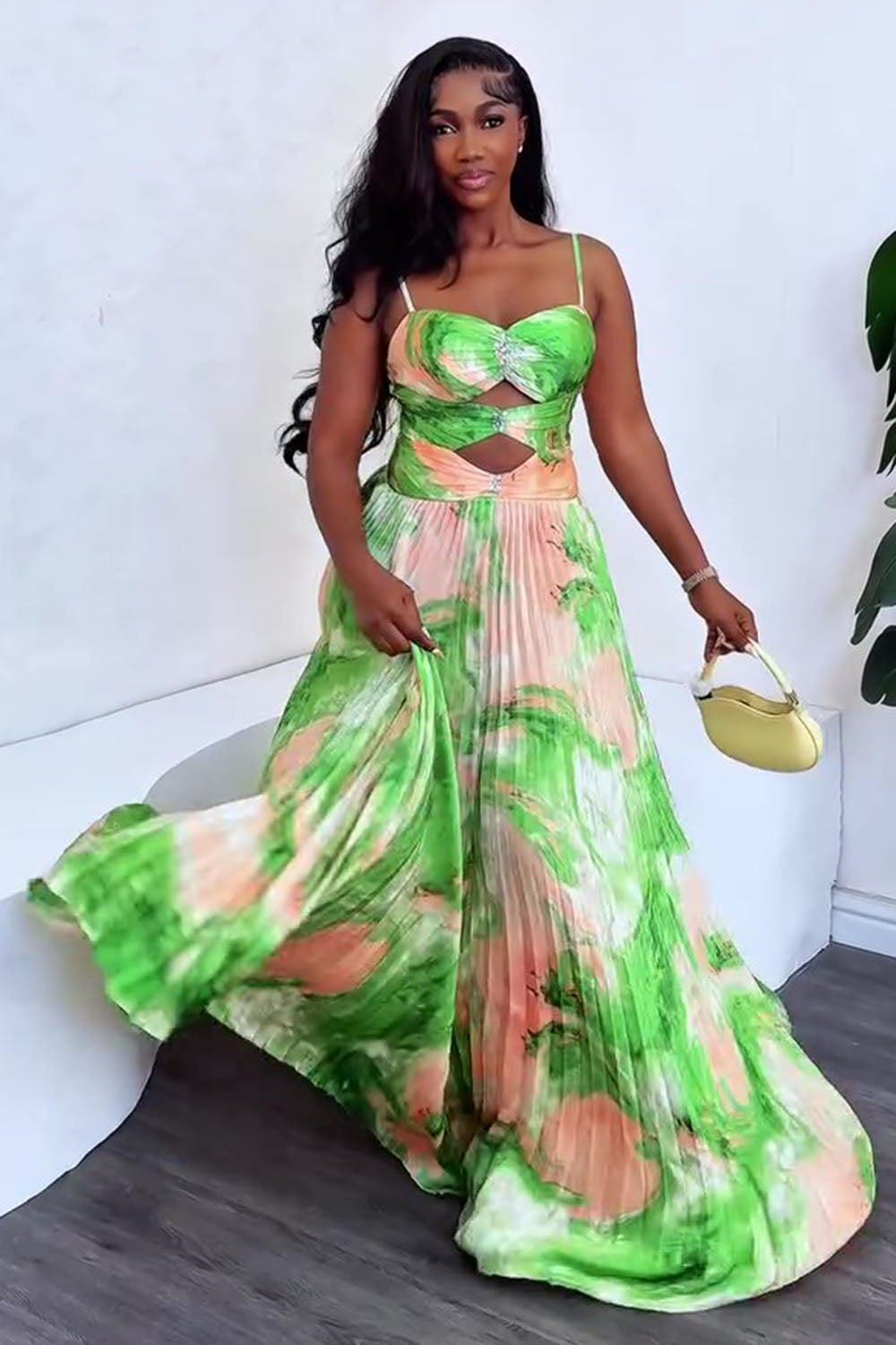 Floral Print Cut Out Pleated Vacation Maxi Slip Dresses-Green [Pre Order]